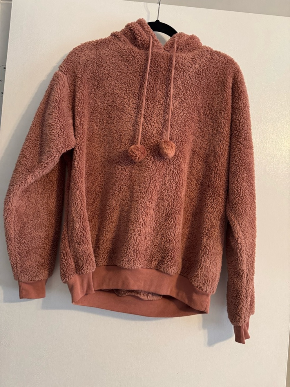 Cozy Plush Pom-Detail Hooded Pullover in Dusty Rose